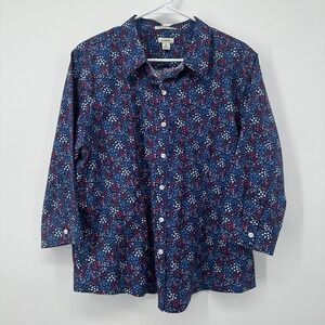 L.L. Bean Blue Pink Floral Button Up Blouse Wrinkle‎ Free Womens Size XL Petite